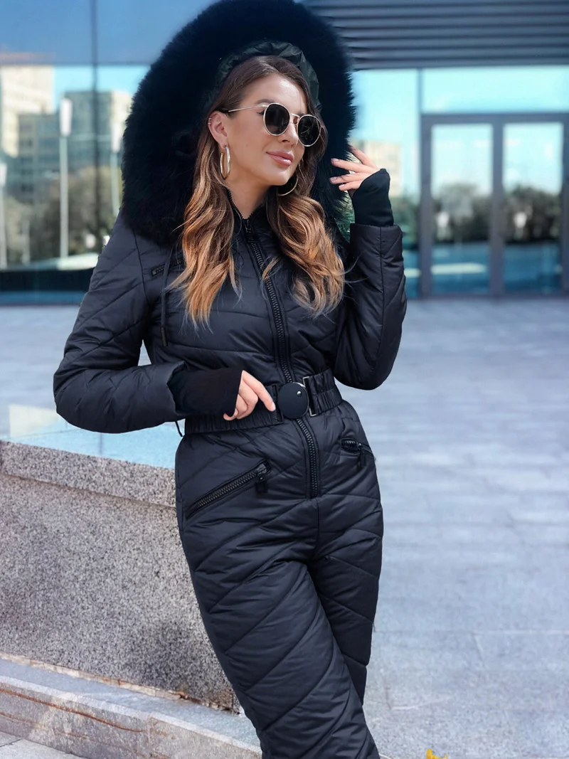 

Fur Hooded Ski Jumpsuit Women Elastic Waist Long Sleeve Parka One Piece Zip Up Jacket Cotton Padded Casual Winter Fashion Coat