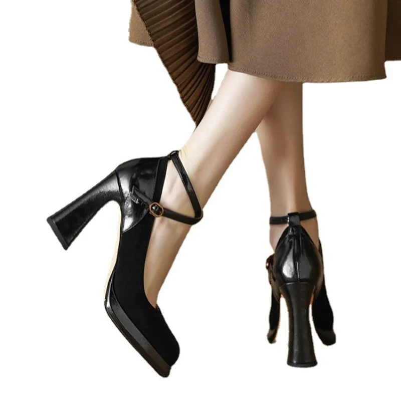 

Туфли женские на массивном каблуке, повседневные, однотонные, высокий каблук, квадратный носок, Туфли Мэри Джейн, весна-осень 2023