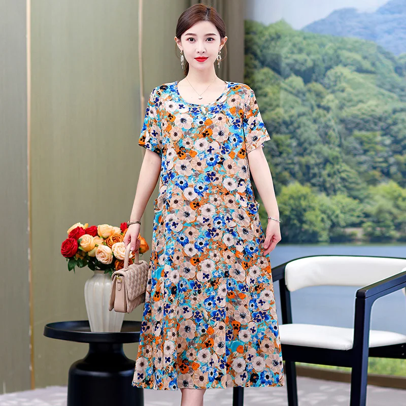 

Elegant Long Dresses for Women Summer 2023 New Loose Soft Vintage Print Floral Dress Ladies Clothing With Pockets High Quality