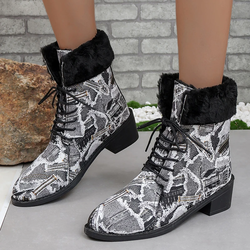 

Женские джинсовые ботинки в стиле ретро, зимние Утепленные плюшевые ботильоны на шнуровке с острым носком и искусственным мехом на толстом каблуке
