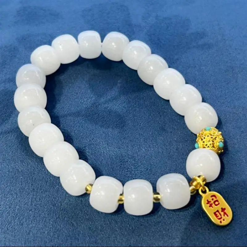 

Natural White Jade Bracelet Bangle Men Women Fine Jewelry Genuine Hetian Jades Nephrite Barrel Beads Lotus Root Charm Bracelets