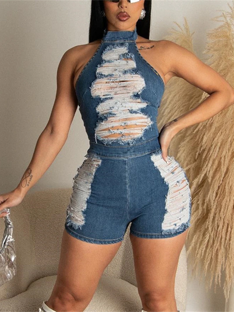 

Ripped Denim Rompers Women Summer Clothing Halter Hollow Out Jeans Shorts Jumpsuits Streetwear Sexy Playsuits One Piece Overalls