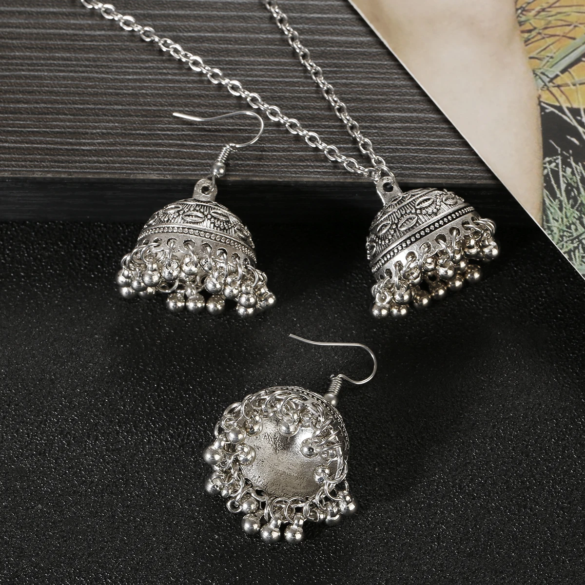 

1 Set Gypsy Indian Jewelry Sets African Bridal Silver Color Earrings Necklace Wedding Boho Women Fashion Jewellery