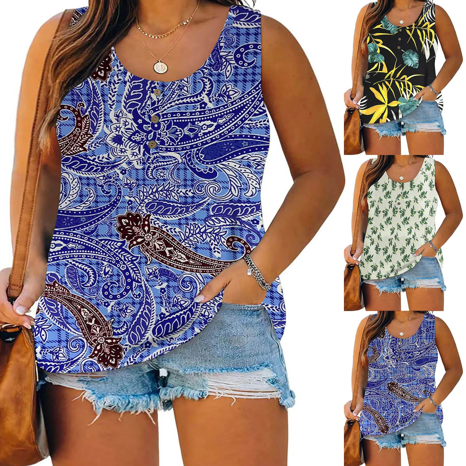 

Майка женская хлопковая с цветочным принтом, Свободный Топ без рукавов, на пуговицах, с круглым вырезом, одежда для сна, на лето