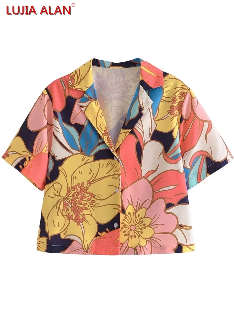 

Женская рубашка из поплина с цветочным принтом, с коротким рукавом, элегантная уличная одежда LUJIA ALAN B261