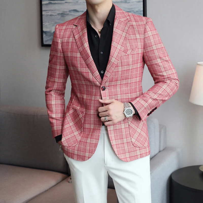 

Plyesxale Spring Autumn Mens Casual Blazer Jacket Slim Fit Blazer Homme Fashion Brand Clothing Khaki White Pink Blue
