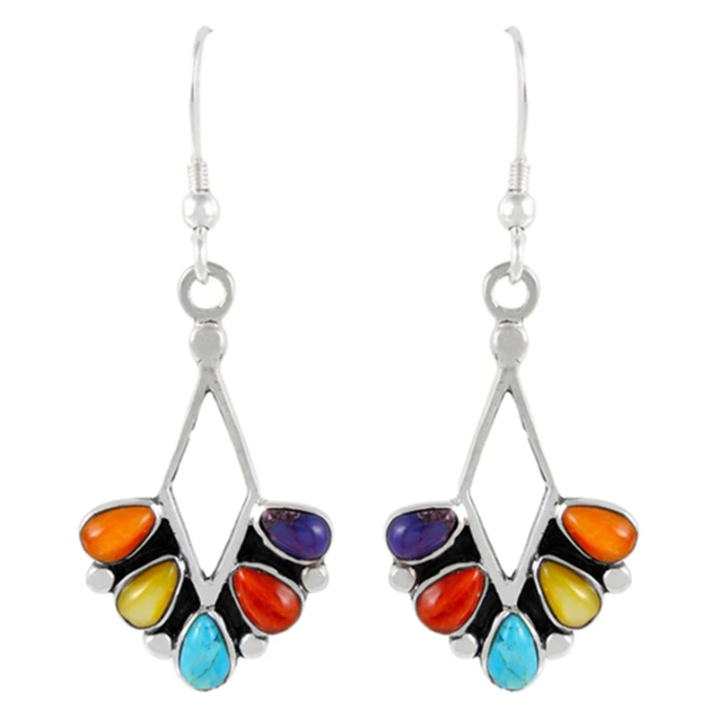 

Creative Vintage Multicolor Stone Indian Metal Jewelry Dangle Earrings for Women Retro Ethnic Tribal Drop Earring Statement Gift