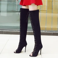 super stiletto cross lace womens over the knee boots open toe peep toe breathable cool boots frosted flock sexy long boots