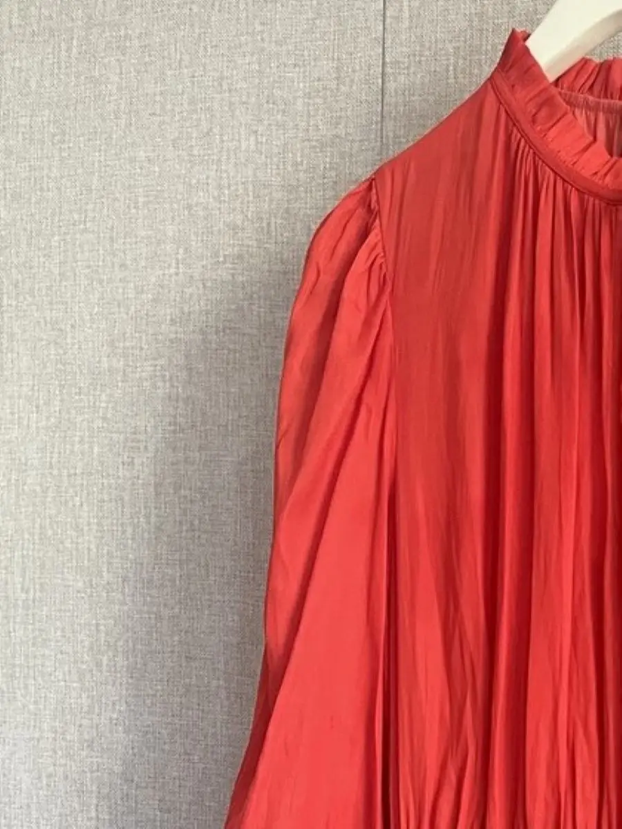 

Women's Red Robe Pleated Lace Up Ruffles Collar Long Puff Sleeve Layered Elegant Mini Cake Dress