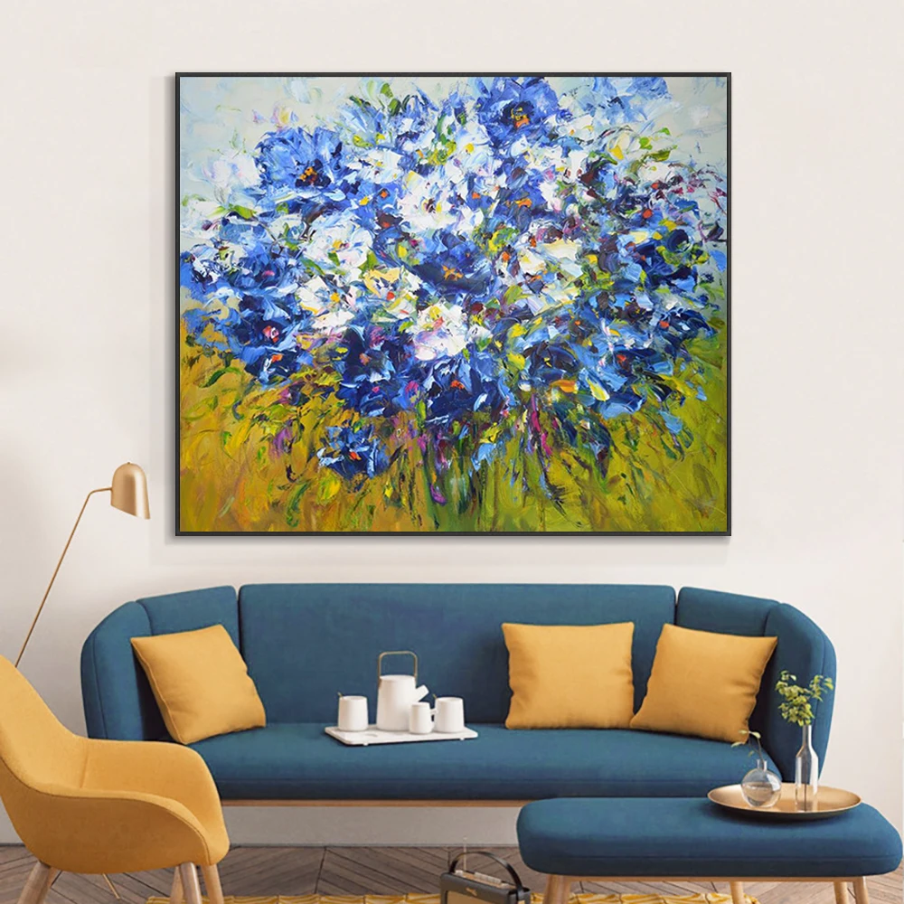 

Abstract Blue Flowers Oil Painting 100% Handmade On Canvas Modern Plant Wall Art Pictures For Living Room Home Decoration