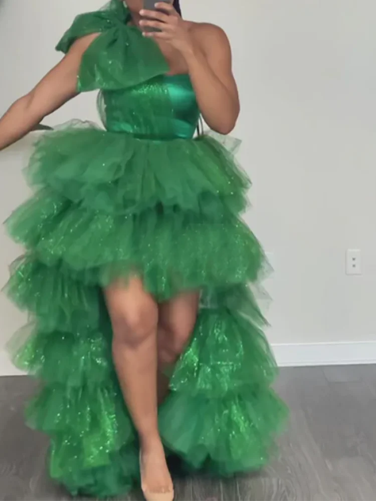 

Африканская блестящая Тюлевая юбка с орхидеей Tieres, сетчатые, сделанные на заказ, блестящие платья с большим бантом на одно плечо для домашнего выпускного клуба, выпускного вечера