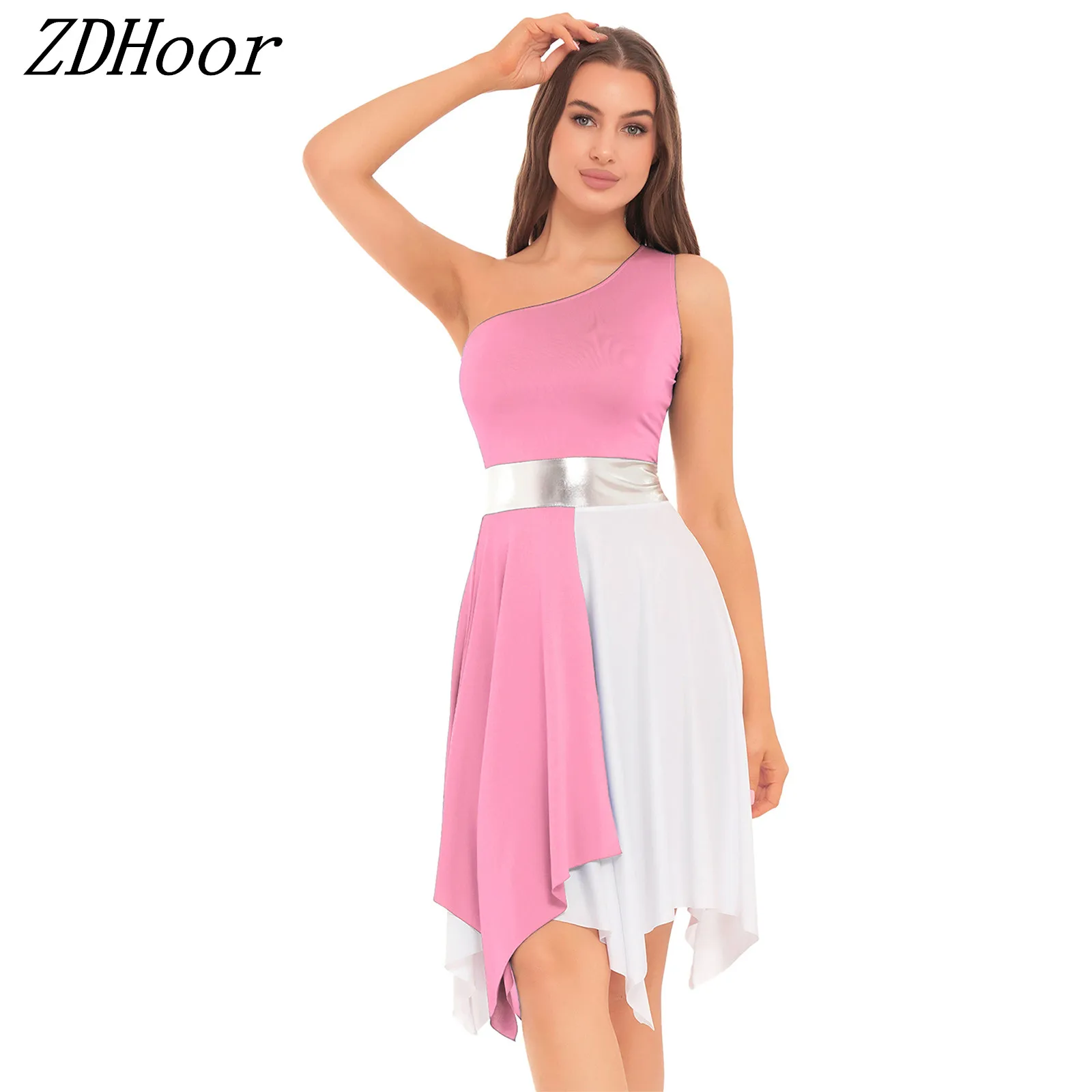 

Womens Patchwork Asymmetrical Hem Dress One Shoulder Color Block Dance Sleeveless Dresses Dancewear