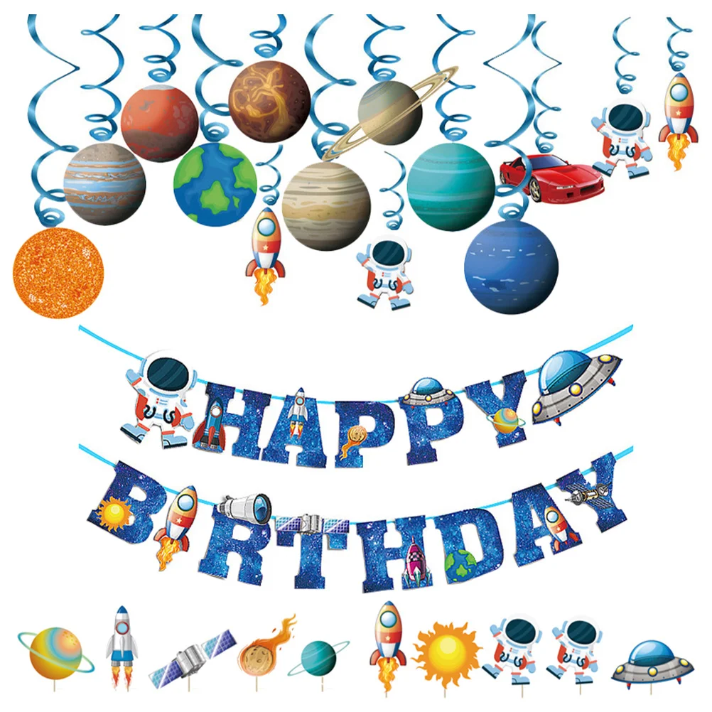 

Birthday Space Decor Themed Cake Banner Hanging Garland Pick Party Happy Solar System Toothpicks Bunting Theme