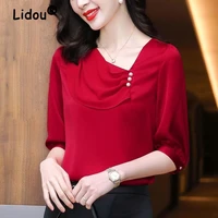 elegant female chiffon blouses top spring summer solid half sleeve splicing diagonal collar fashion pullover blouse shirt women