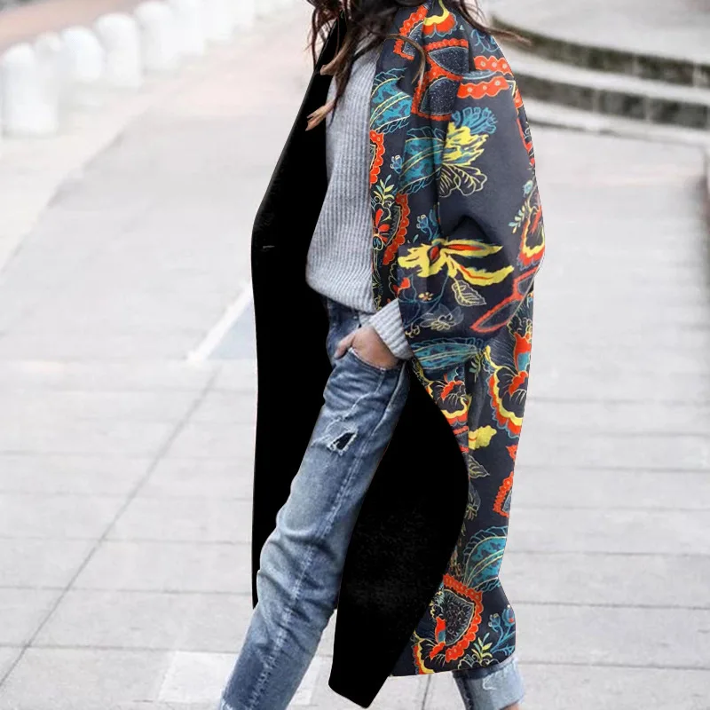 Women Street Commute Lapel Printed Jackets Fashion Casual Wool Warm Long Cardigan Coat Elegant New Retro Pattern Loose Overcoats