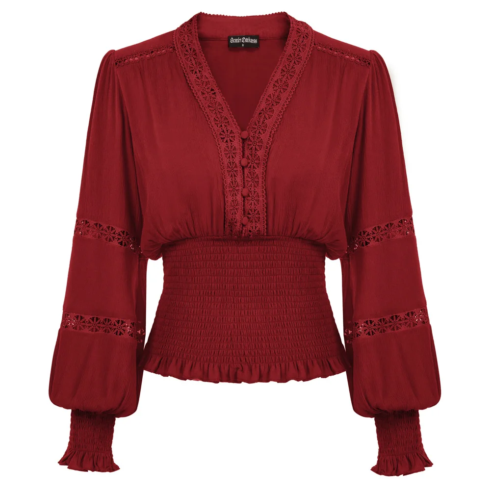 

SD Women Blouse Vintage Renaissance Smocked Waist Blouses Flowers Hollow Long Sleeve V-Neck Pullover Tops Blusa Feminina
