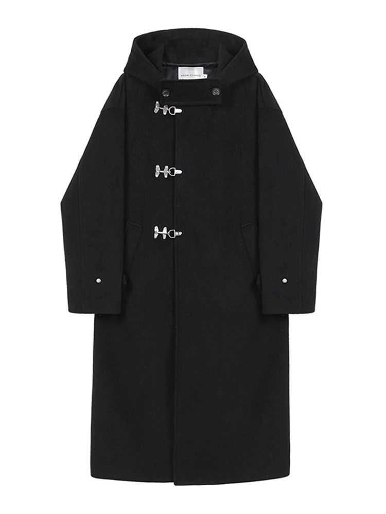 

Classic Black Color Women Metal Buckle Design Woolen Coat Warm Long Hooded Outerwear Simple Basic Ladies Over-Coat Calf Length