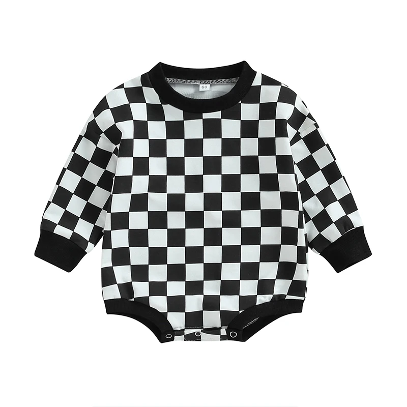

Baby Boy Girl Sweatshirt Romper Checkered Clothes Oversized Long Sleeve Pullover Bodysuit Checkerboard Outfit