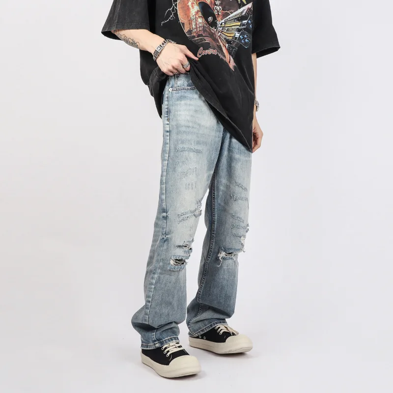 Men's Jeans High Street Retro Hip Hop Straight Loose Ripped Jeans Trend Korean Version Y2K Men's Pants Ins Hot Sale Baggy Jeans
