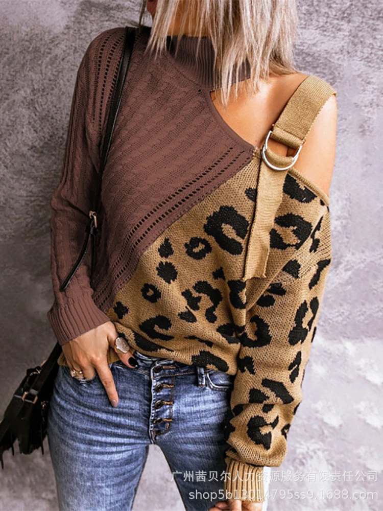 

Mandylandy Women Elegant Spring Autumn Knitted Sweater Top Fashion Female Y2K Leopard Patchwork Pullover Shirt Streetwear