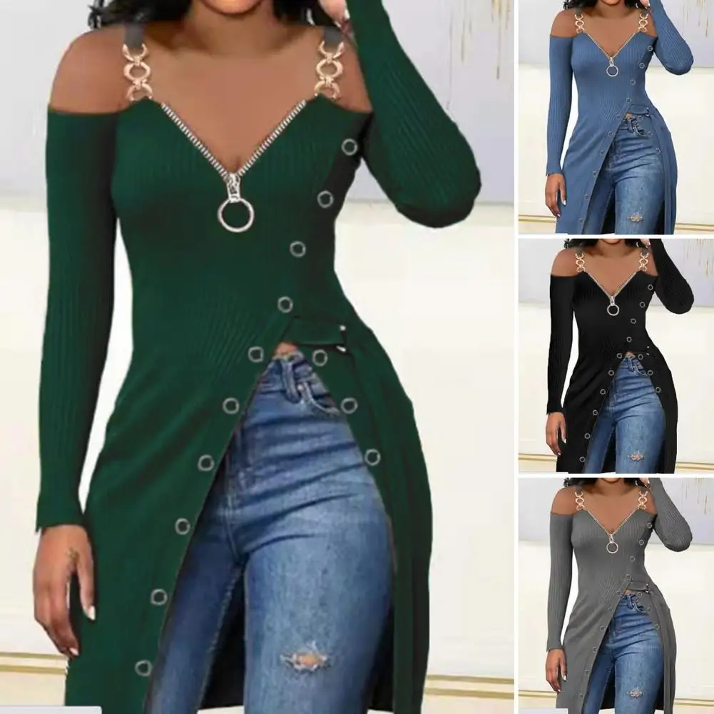 

Отличная футболка, украшенная пуговицами, дышащая женская блузка, сексуальный пуловер с открытыми плечами и металлическими лямками, блузка