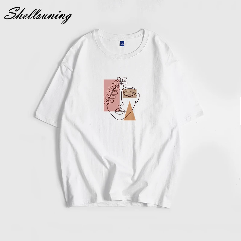 

Женская футболка из натурального хлопка с принтом Shellsuning, свободная футболка в стиле харадзюку с абстрактным изображением, мягкие женские т...