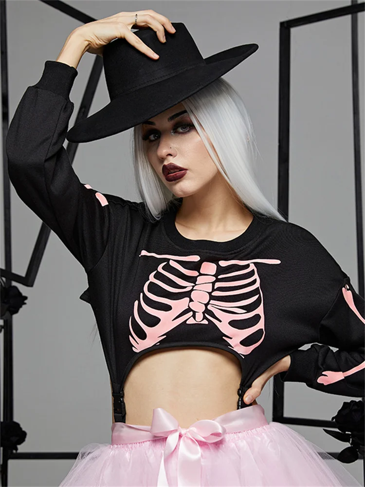 

2023 Spring New Harajuku Vintage Long Sleeve Sweater Y2K Dark Gothic Personality Trend Street Pink Skeleton One-piece Tops Women