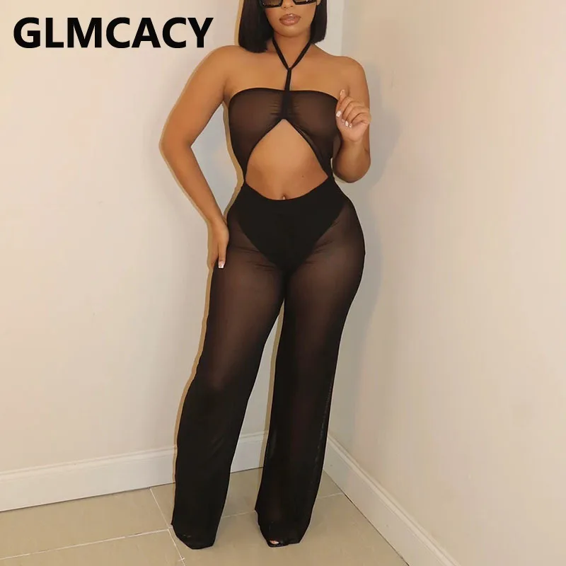 

Women Sexy Halter Mesh See Through Jumpsuit Night Party Club Overalls