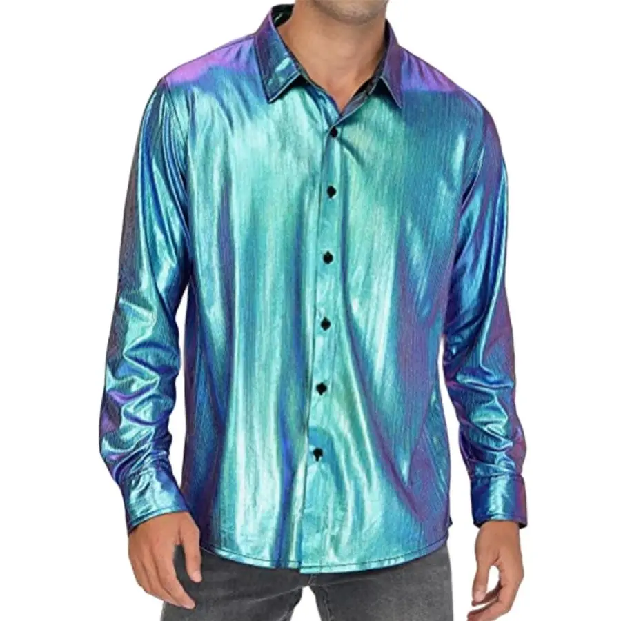 Mens Shiny Metallic Dress Shirts Long Sleeve Button Up Shirt Men 70s Disco Party  Costume Nightclub Stage Prom Chemise Homme 3XL