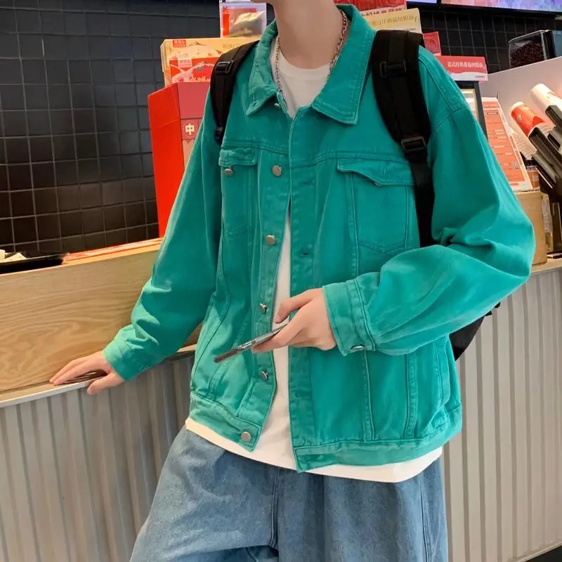 Мужская/женская джинсовая куртка на пуговицах зеленая облегающая Повседневная