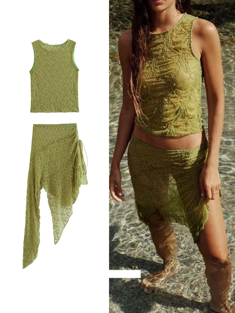

KJMYYX 2 Piece Skirt Set Women Fashion Lace Sleeveless O Neck Tank Tops Asymmetric Transparent Bodycon Skirt Vintage Streetwear