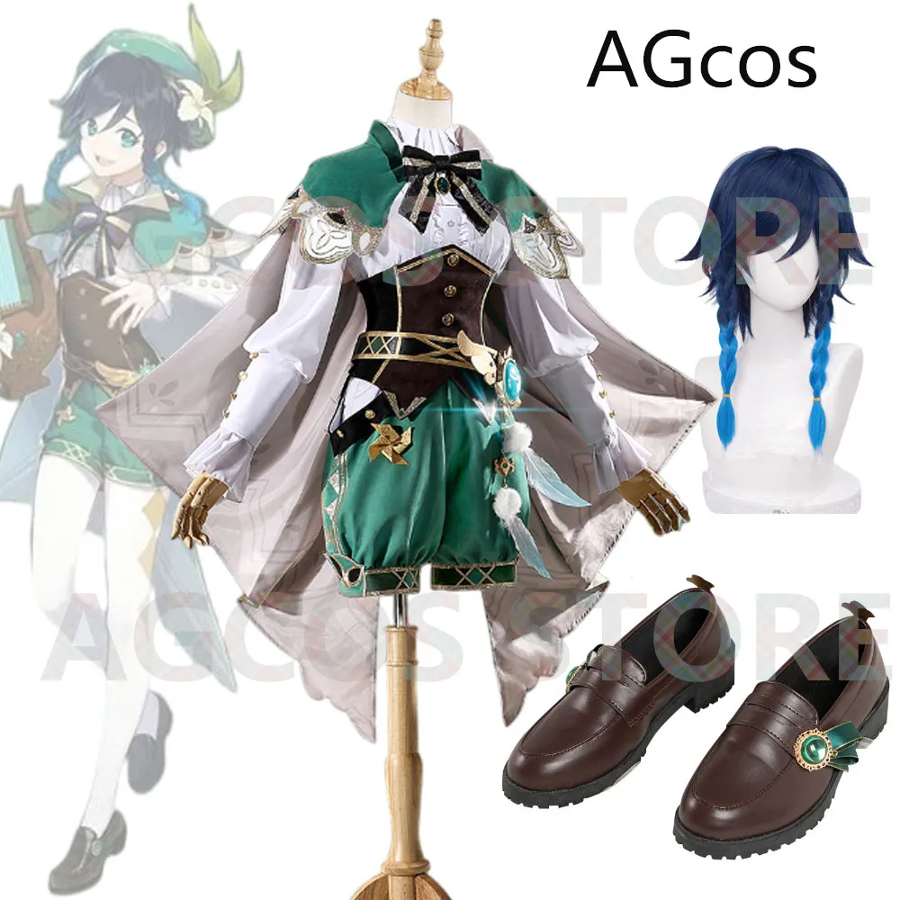 

AGCOS Game Genshin Impact Barbatos Venti Full Sets Cosplay Costume Venti Cosplay Outfits Dress + Shoes + Wig