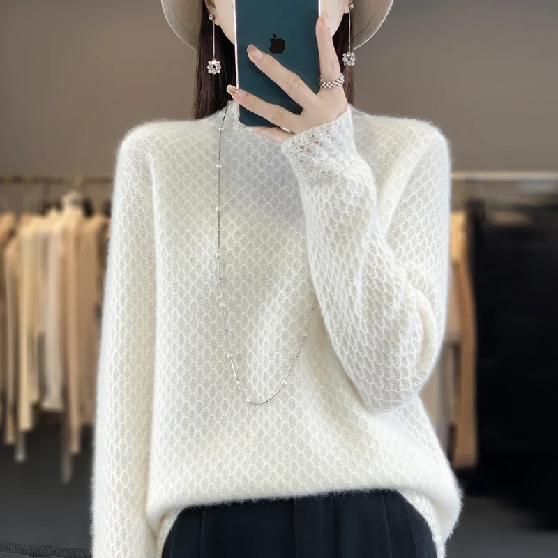 Женский вязаный свитер с полувысоким воротником однотонный свободный из 2024100%