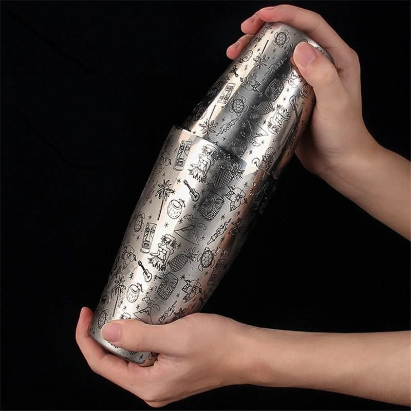 

1 pcs Boston Stainless Steel Cocktail Shaker With Etched Pattern Bar Cocktail Shaker Tin Set Bar Tool Barware
