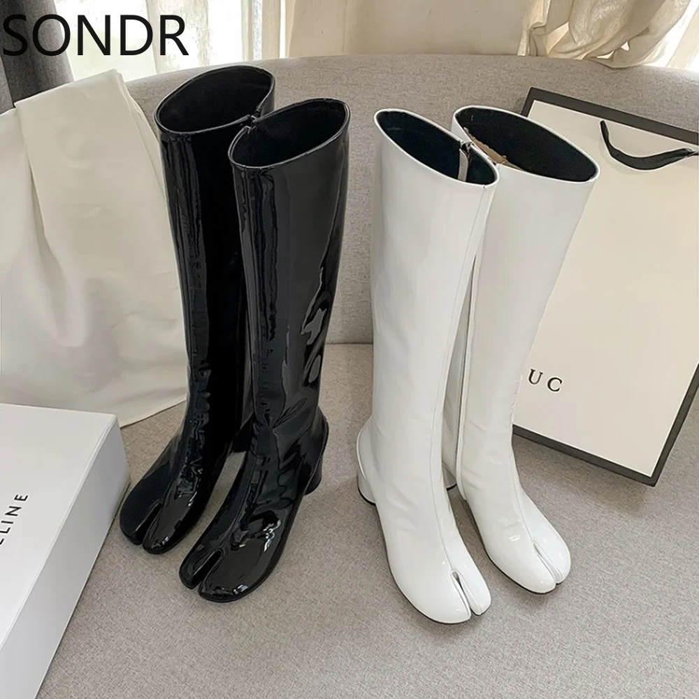 

2022 Womens Split Toe Knee Thigh Boots Block High Heel Riding Shoes Warm Winter Black White