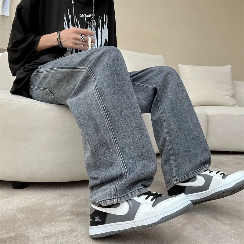 Drawstring Baggy Jeans Men Fashion Casual Wide Leg Jeans Men Streetwear Hip Hop Loose Straight Denim Pants Mens Trousers M-2XL
