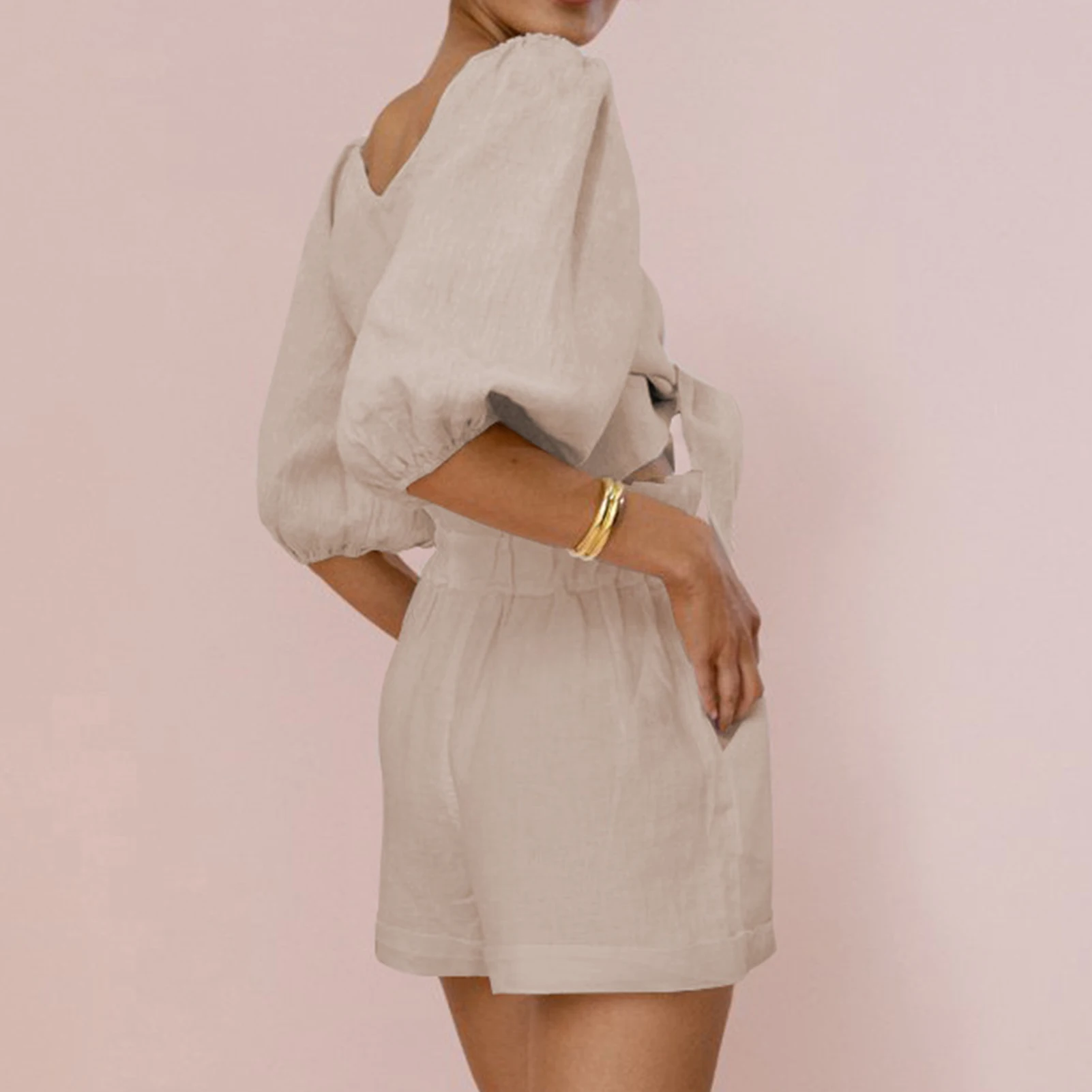 

Ladies Tops Shorts Set Cotton Fashion Women Shirt+Pocket Shorts Two Piece Sets Casual Simple Lantern Sleeve Shorts Outfits