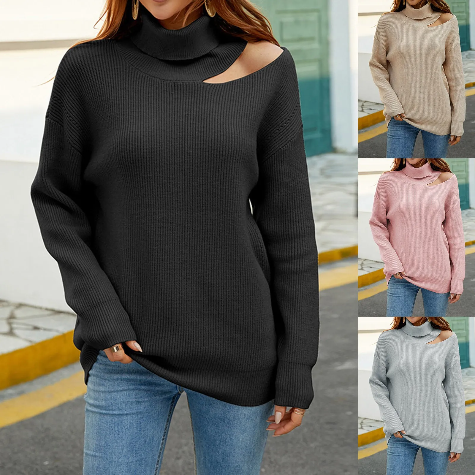 

Женский трикотажный кардиган, Однотонный свитер с лацканами и открытыми плечами, Осень-зима 2022