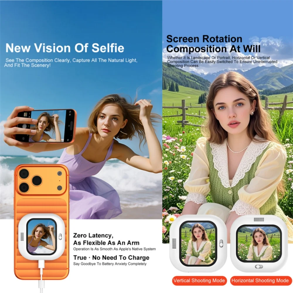 Фото Мини-монитор для селфи на телефон: держатель-клипса для iPhone 17, крепление для задней камеры, для селфи/влогов/прямых трансляций №4