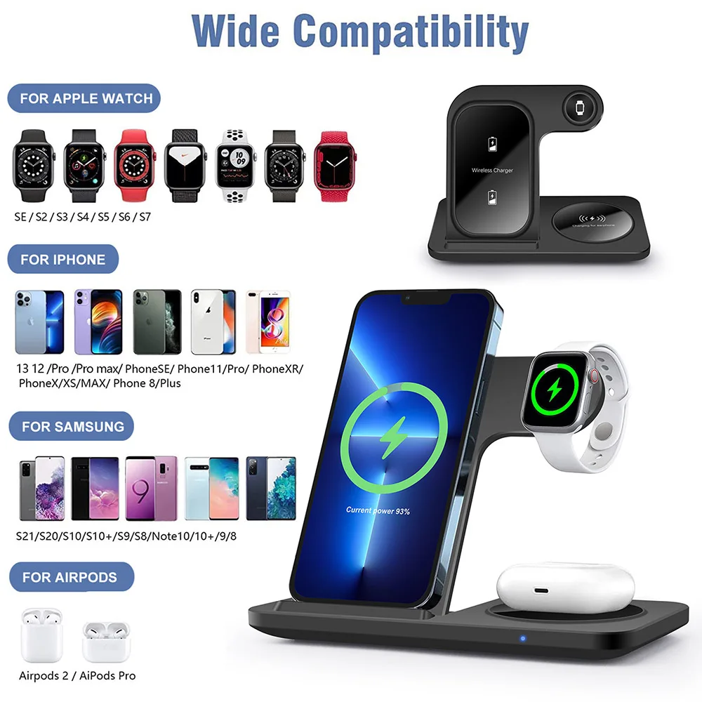 qi wireless charger stand for iphone 13 12 11 xs xr 8 3 in 1 15w fast charging dock station for airpods pro apple watch iwatch 7 free global shipping