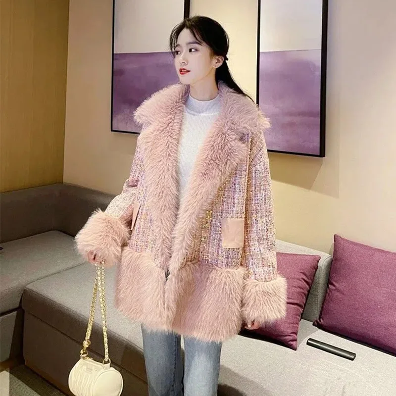 2022 Autumn Winter New Fur Coat Women's Long Warm Thick Pink Fashion Shiny Loose Imitation Fur Plush Temperament Coats Female