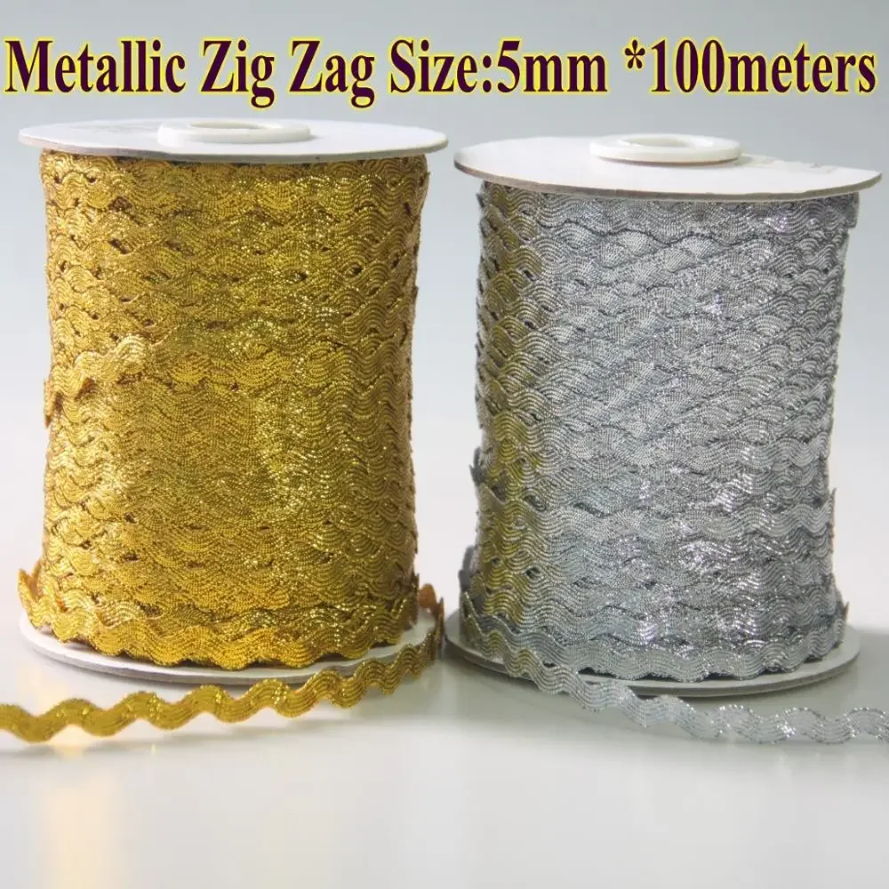 Бесплатная доставка, металлическая зигзагообразная лента Ric rac S, лента размером 5 мм, 100 м/рулон, металлические золотые и серебряные аксессуары «сделай сам», одежда ручной работы