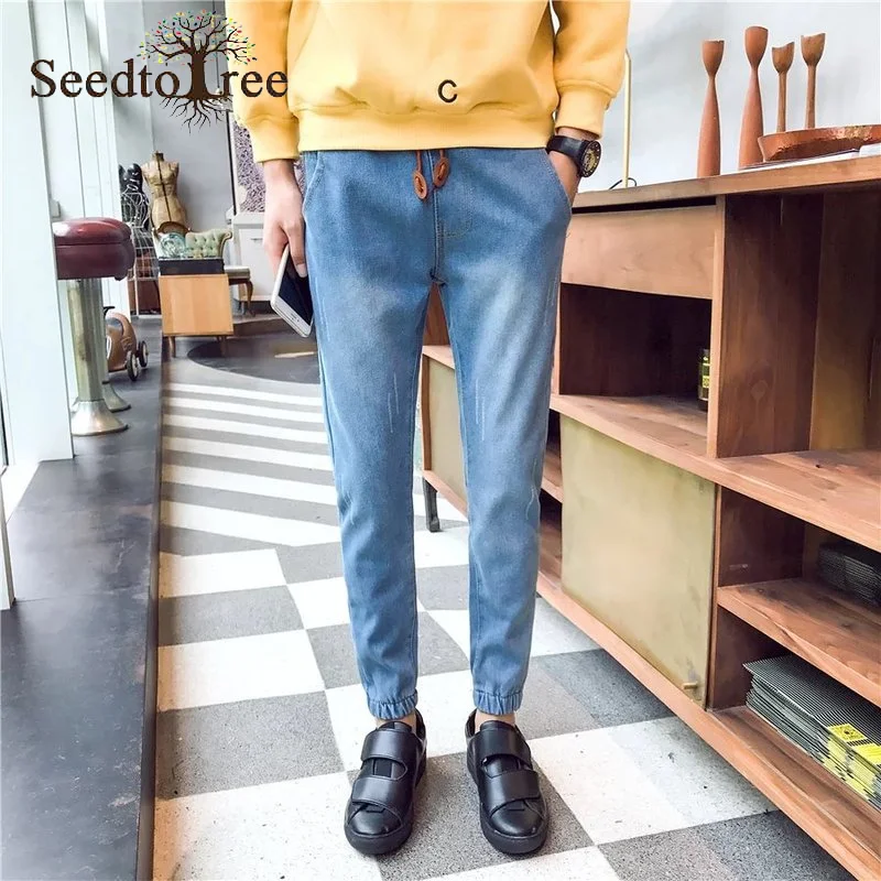 Solid Color Hole Casual Men's Jeans Ankle Length Pants Denim Trousers Pencil Pants
