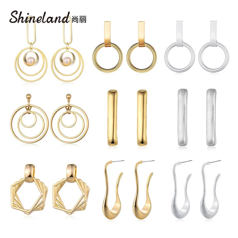 

Shineland New bijoux Metal Drop Earring For Women Girls Circle Geometric Pearl Brincos Female Vintage Punk Accessories Cheap