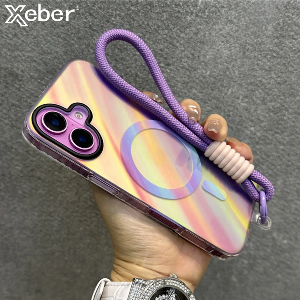 With Lanyard Laser Dazzling For Magsafe Phone Case iPhone 15 16 Plus 12 13 14 Pro Max 11 Gradient Frosted Protective Cover