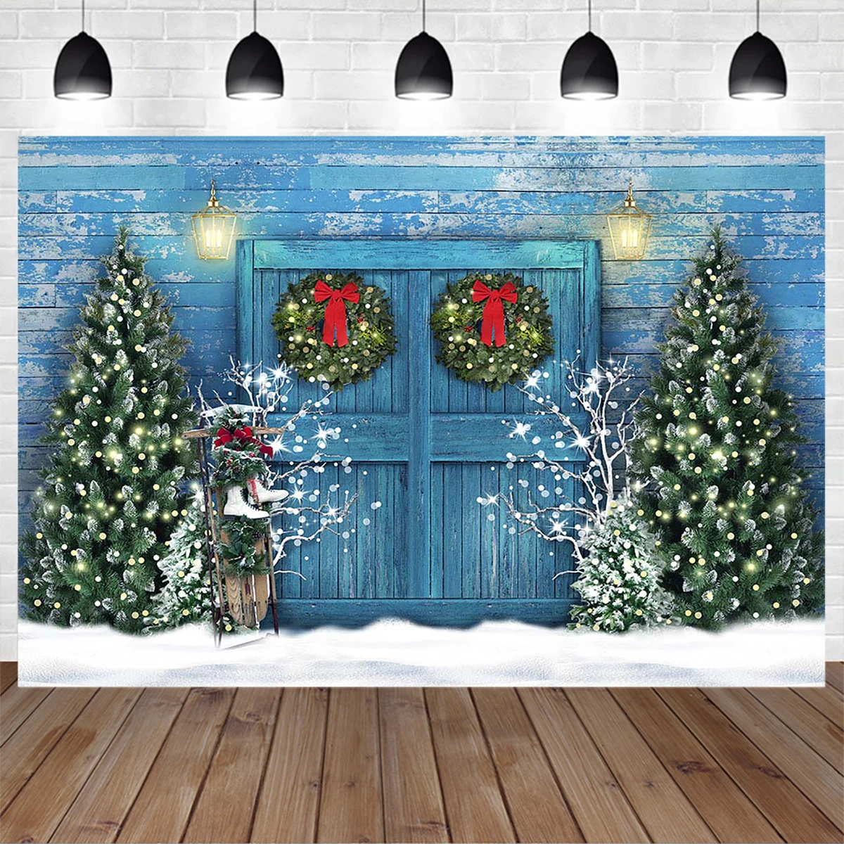 

Mocsicka Christmas Retro Blue Door Decor Backdrop Winter Snow Xmas Tree Garland Sled Background Newborn Baby Photography Studio