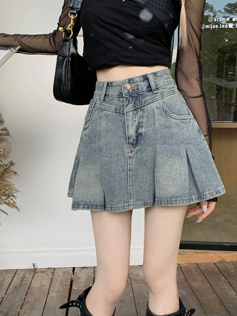 Летняя женская синяя элегантная уличная одежда с высокой талией плиссированная