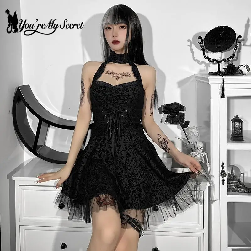 

[You're My Secret] Goth Dark Fairycore Summer Dress Women 2022 Black Suspender Halter Neck Slim Slim Hollow Lace Dress
