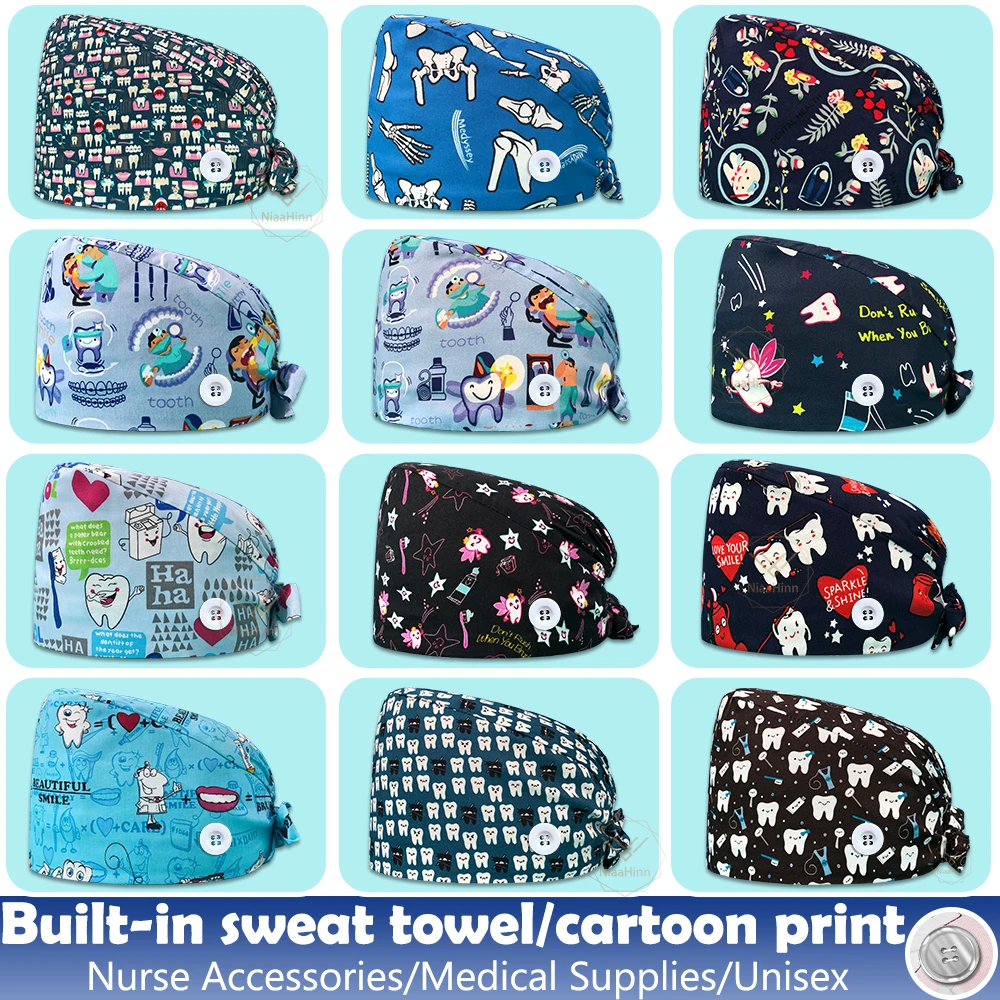 

Women and Men Work Nursing Scrub Cap with Buttons Bouffant Hat for Veterinary Wearing Protect Ears Work Hat Uniform Accessories