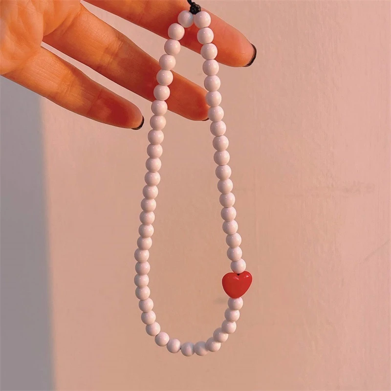 

Simple Classic Acrylic Heart Couple Mobile Phone Chain Mobile Phone Shell Resin Plastic White Rice Bead Chain Lanyard Jewelry